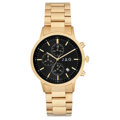 Gold-toned wristwatch with a black dial and chronograph subdials.