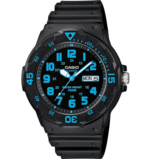 Black Casio wristwatch with bright blue numbers and markings on the dial.