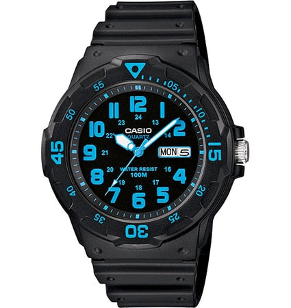 Black Casio wristwatch with bright blue numbers and markings on the dial.