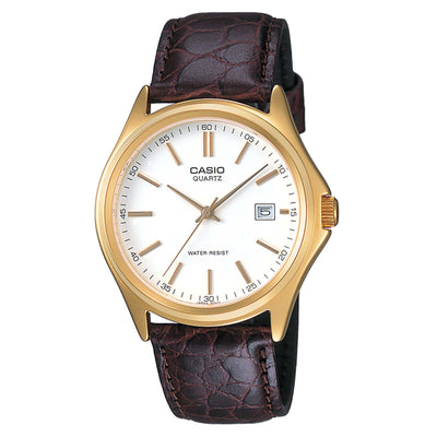 Gold-toned Casio wristwatch with a white dial and brown leather strap.