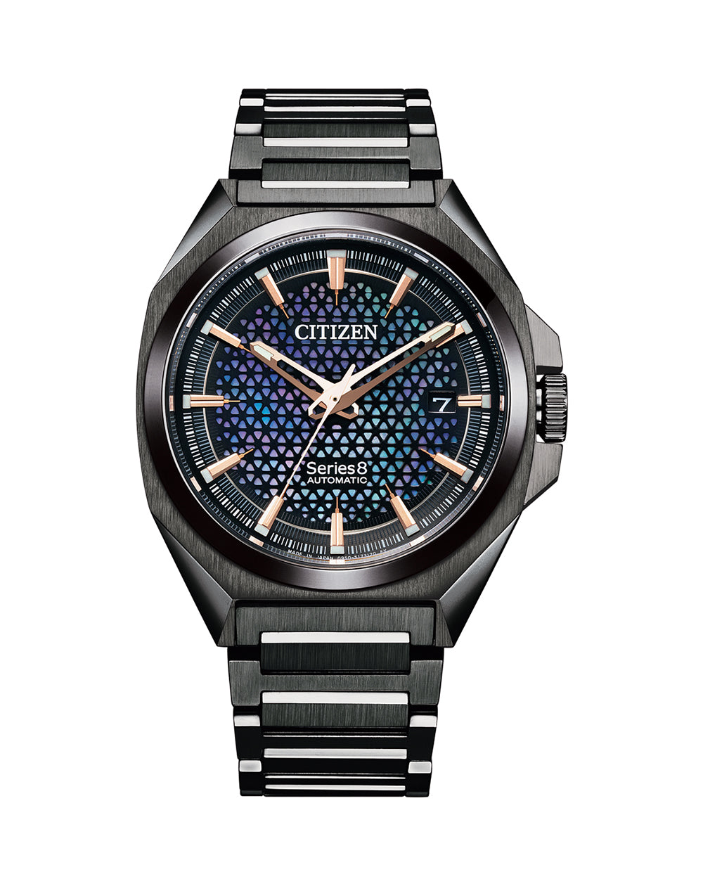 Sleek black Citizen wristwatch with a dark blue patterned dial and gold accents.