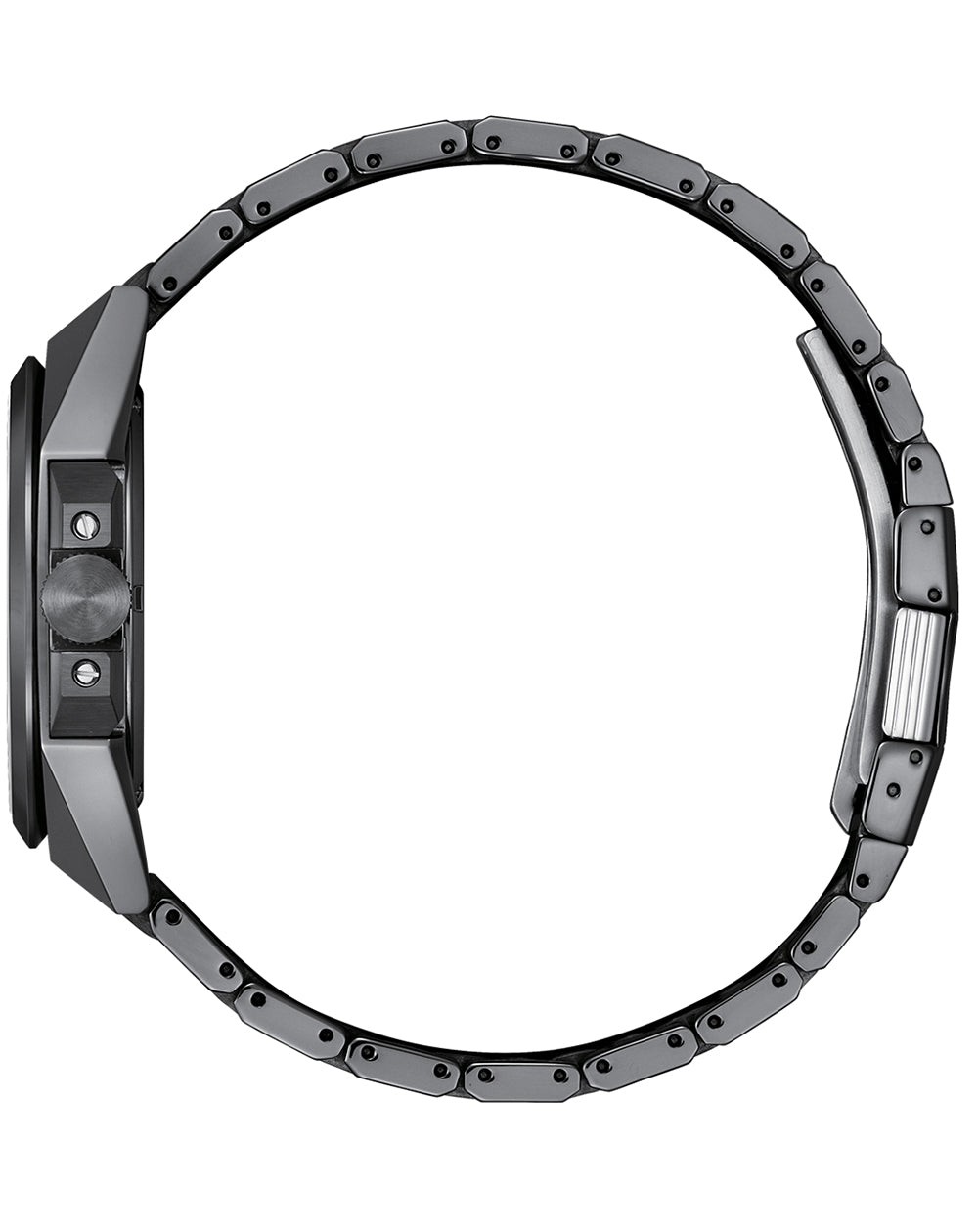 Sleek, dark gray metal wristwatch with a digital display and linked band.