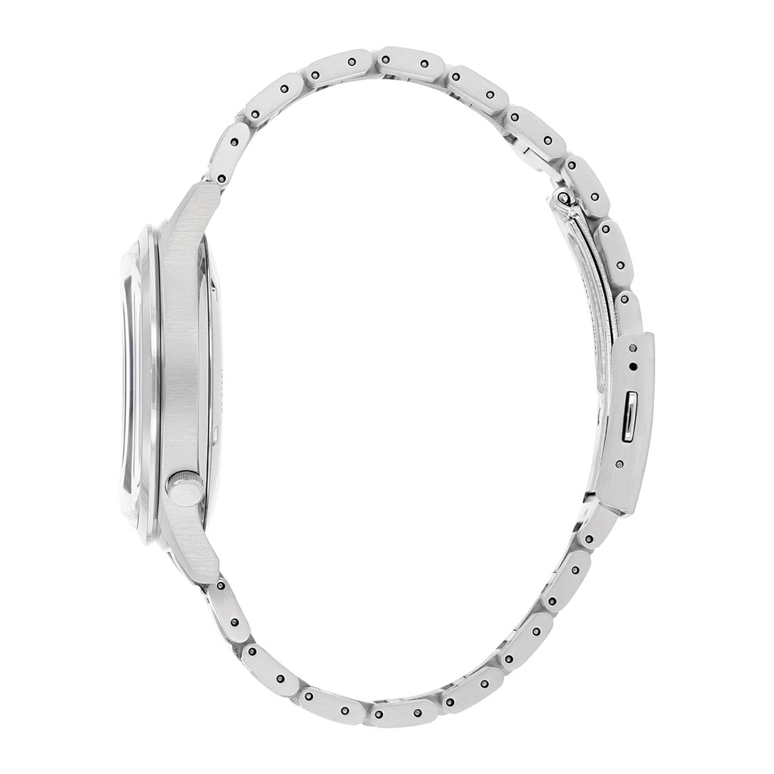 Silver wristwatch with a metal link band.