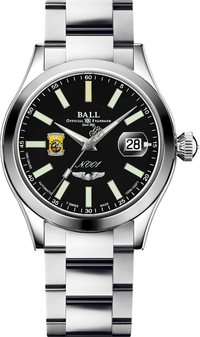 Stainless steel wristwatch with a black dial featuring the Ball logo and a date window.