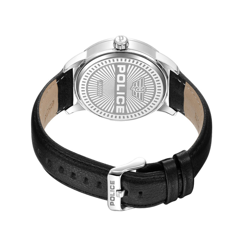 Wristwatch with a black leather strap and a circular silver face displaying the word ’POLICE’.