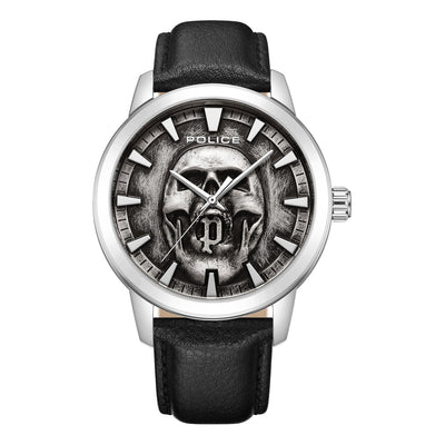 Wristwatch with a skull design on its face and a black leather strap.