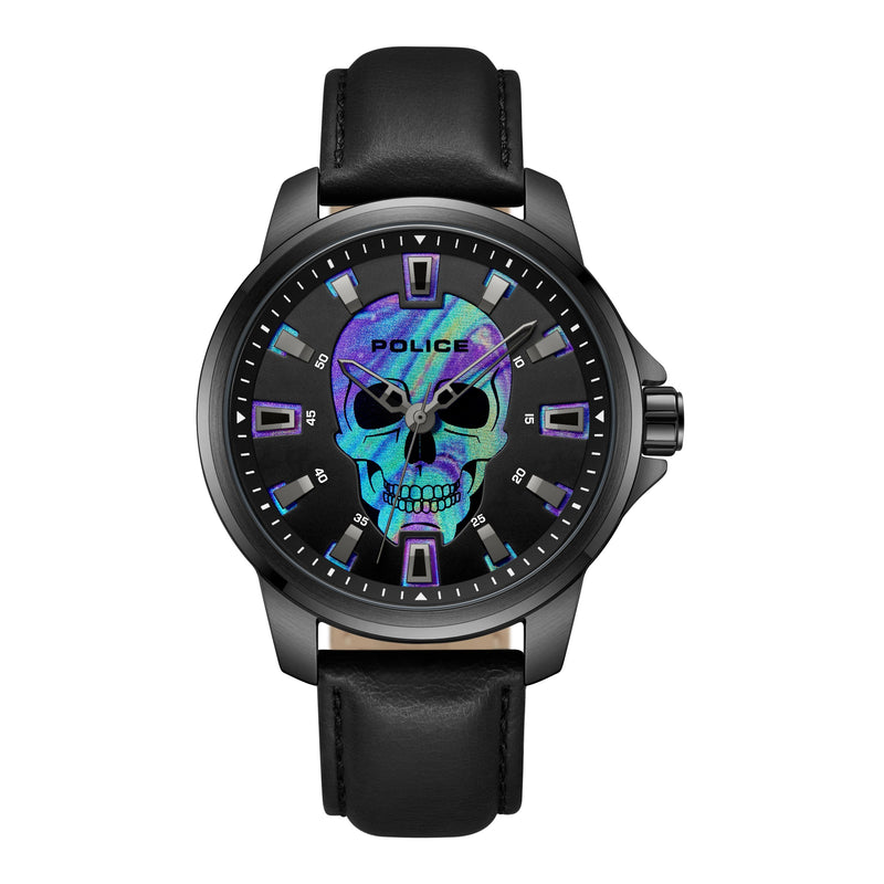 Wristwatch with a black leather strap and a skull design on the dial face.