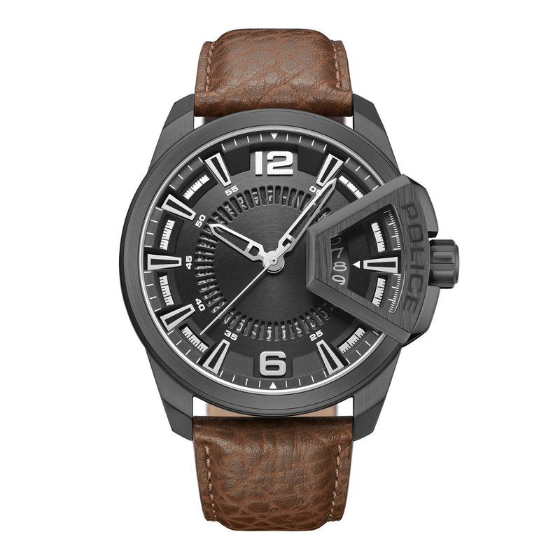 Men’s wristwatch with a dark gray metal case, black dial, and brown leather strap.