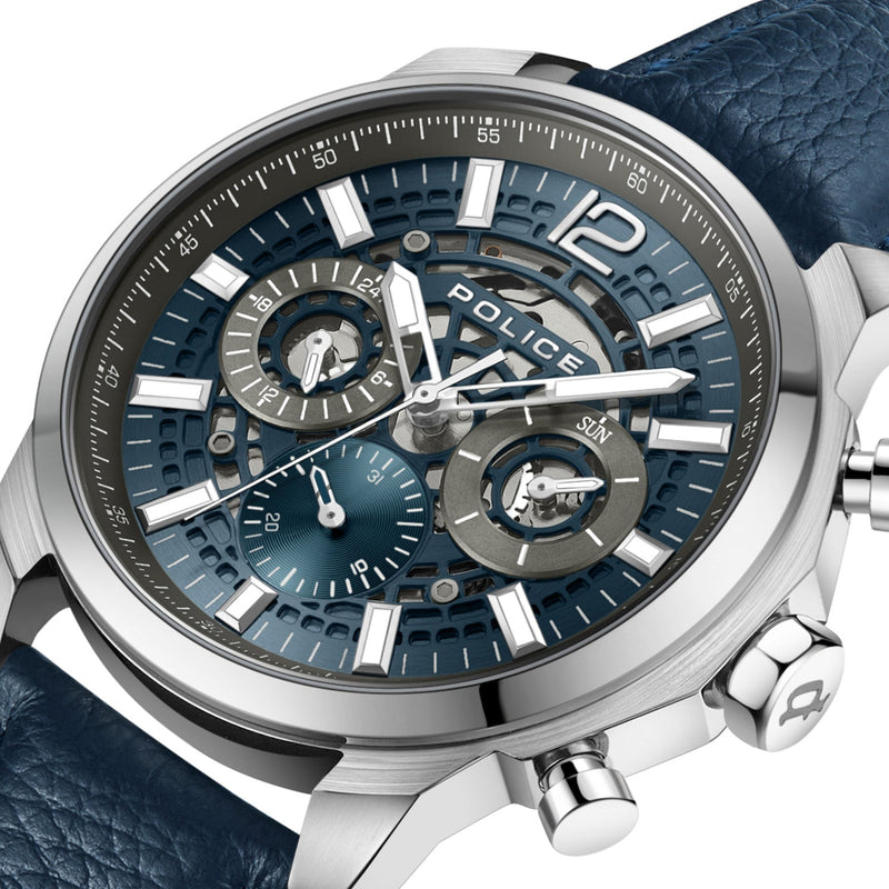 Police-branded chronograph wristwatch with a blue dial and leather strap.