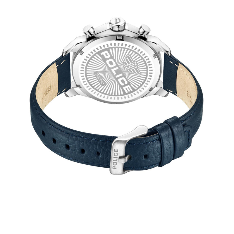 Wristwatch with a silver case and navy blue leather strap.