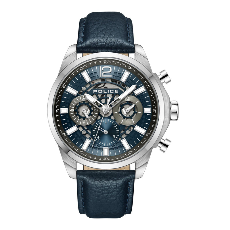 Stylish men’s chronograph wristwatch with a blue leather strap and silver-toned case.