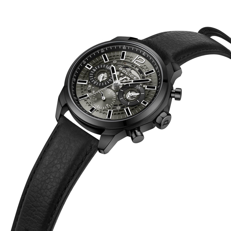 Sleek black wristwatch with a chronograph-style face and leather strap.