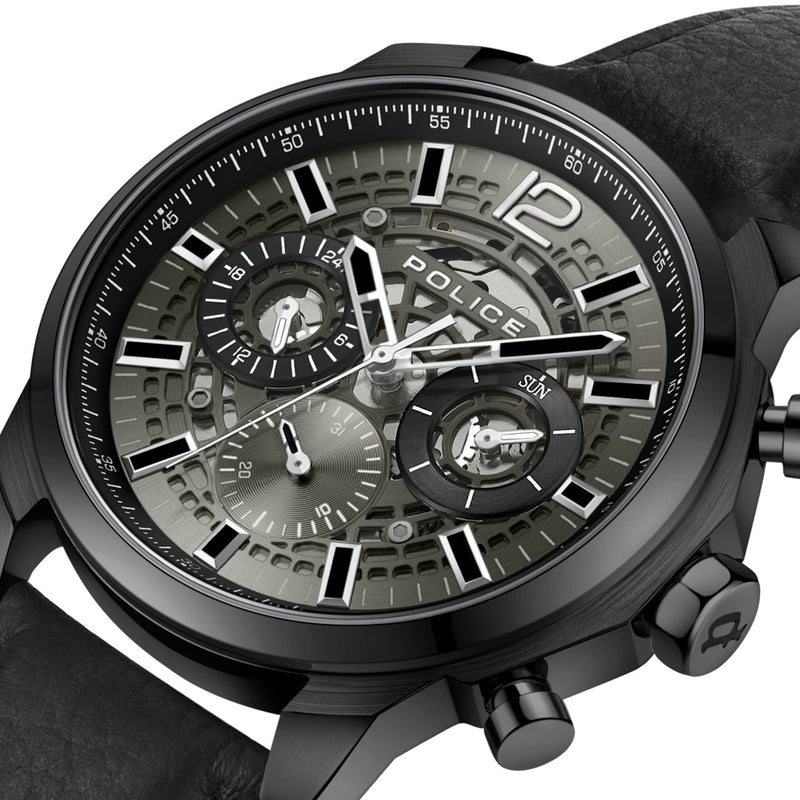 Police-branded chronograph wristwatch with a black case and complex skeleton dial.