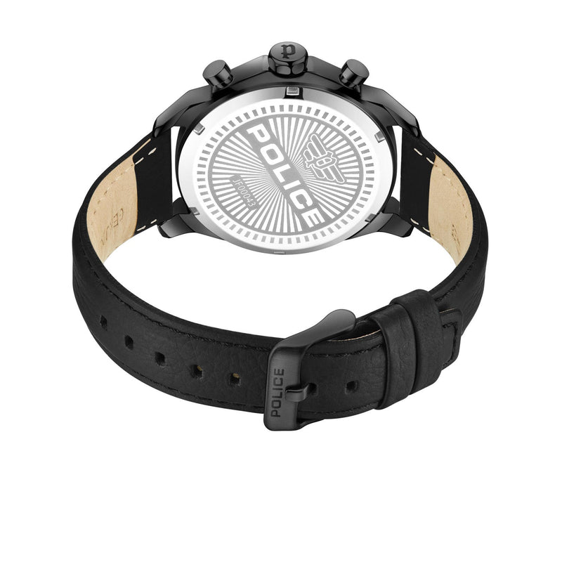 Black wristwatch with a leather strap and visible caseback.