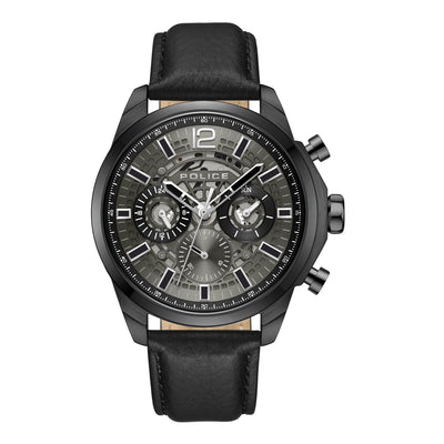 Sleek black chronograph wristwatch with a leather strap and intricate dial design.