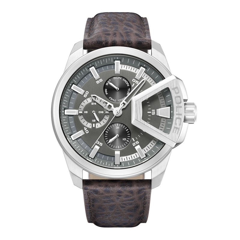 Stylish men’s wristwatch with a silver case, gray dial, and dark leather strap.