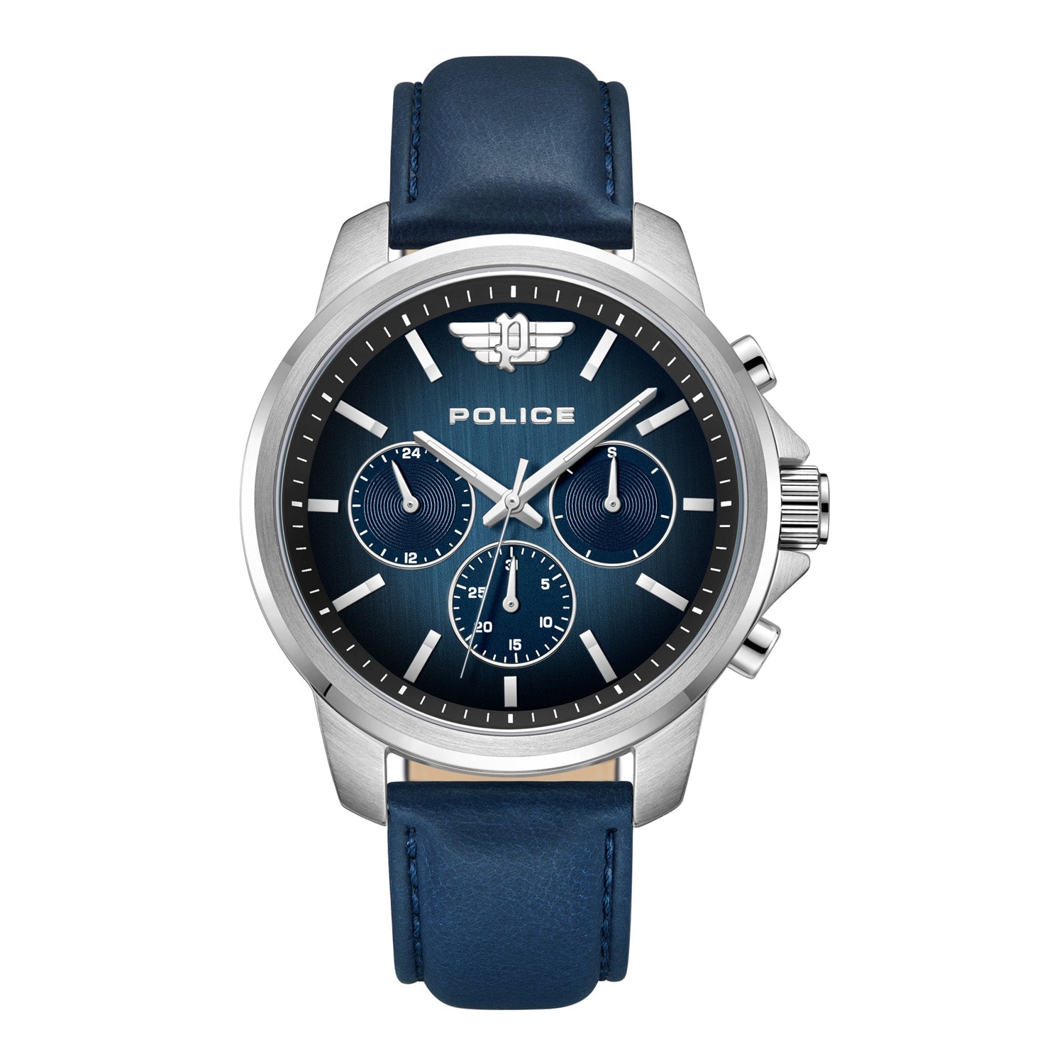 Silver-cased chronograph wristwatch with a blue dial and matching blue leather strap.