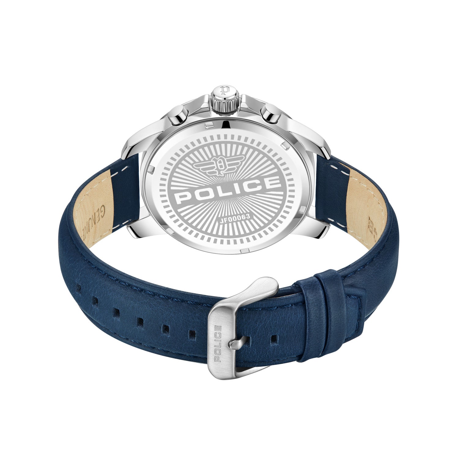 Police-branded wristwatch with a blue leather strap and silver-toned case.