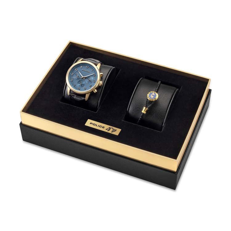 Gift set containing a wristwatch and bracelet in a presentation box.