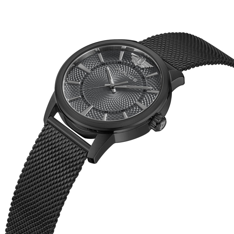 Sleek black wristwatch with a textured dial and mesh metal band.