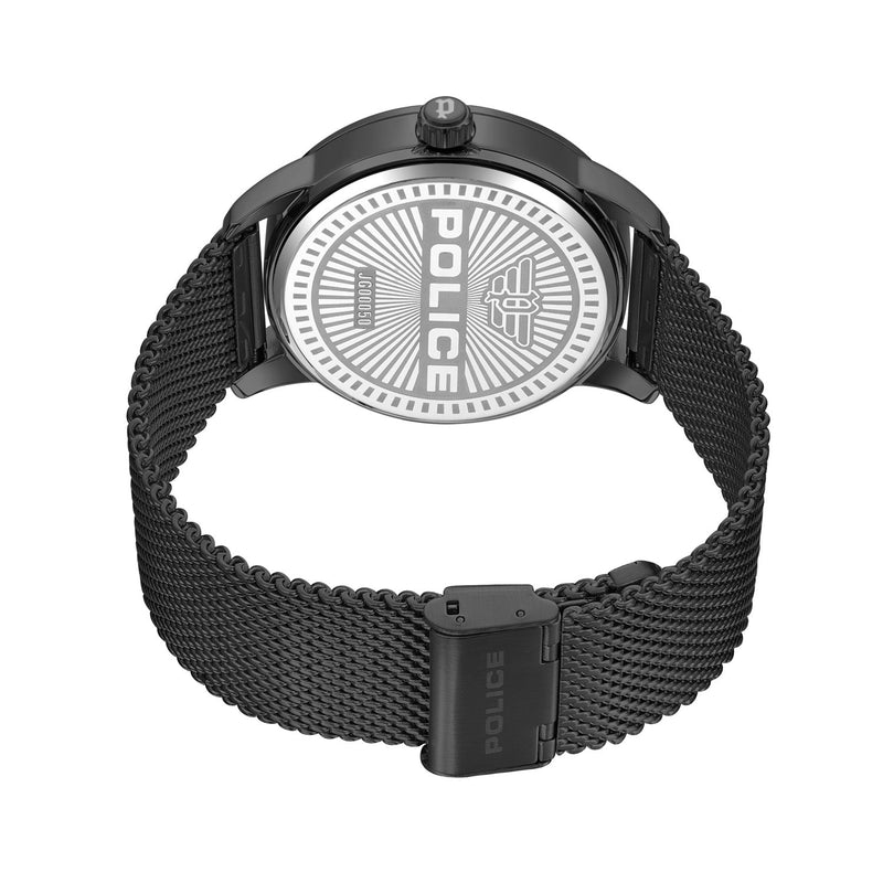 Wristwatch with a black mesh band and a circular white dial displaying ’POLICE’ branding.