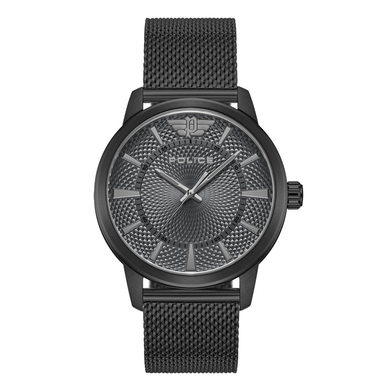 Black wristwatch with a mesh band and textured dial face.