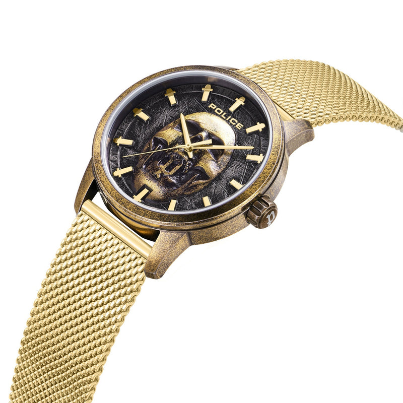 Gold-toned wristwatch with a skeleton dial and mesh band.