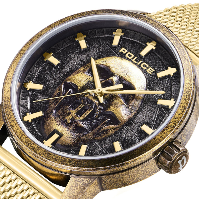 Gold-toned wristwatch with a unique face design featuring a sculpted human profile.