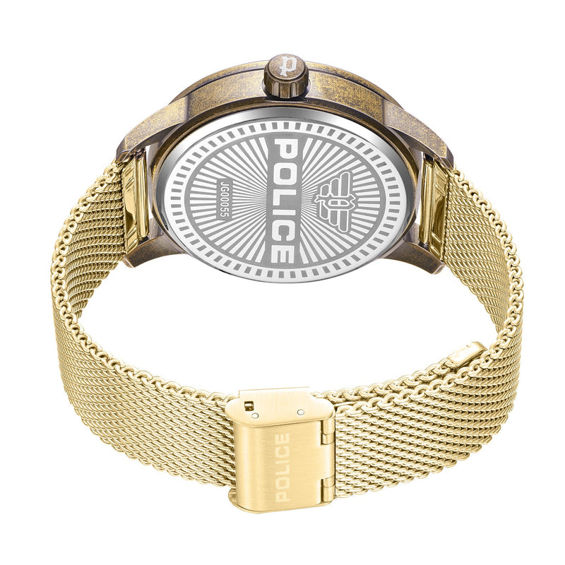 Gold-toned wristwatch with a circular face displaying ’POLICE’ and a mesh metal band.