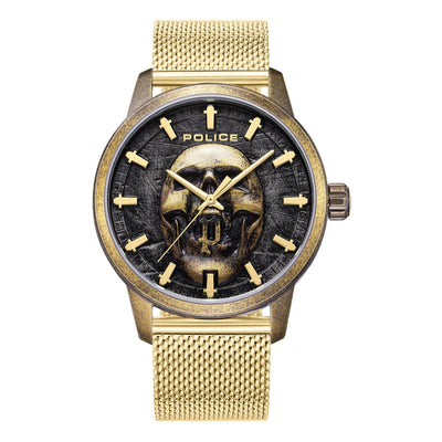 Gold-toned wristwatch with a skull design on the face and a mesh band.