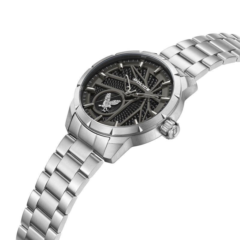 Silver wristwatch with a black intricate dial and metal bracelet.