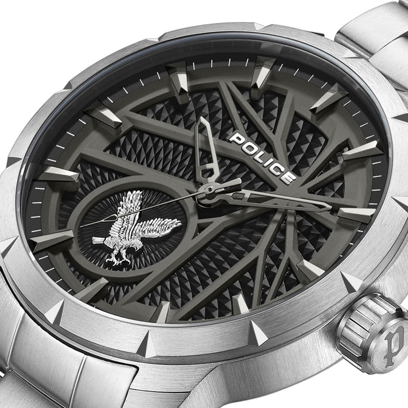 Stylish wristwatch with an intricate, patterned black dial and silver metal band.