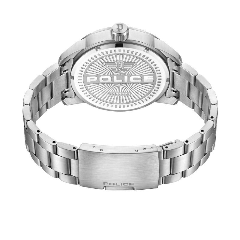 Stainless steel wristwatch with a ’Police’ branded dial and metal link bracelet.