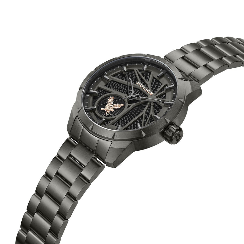 Sleek black metal wristwatch with an intricate skeleton dial design.