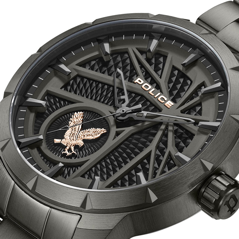 Sleek black wristwatch with an intricate skeletal dial design featuring a golden eagle emblem.