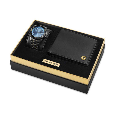 Gift set containing a wristwatch and wallet in a presentation box.