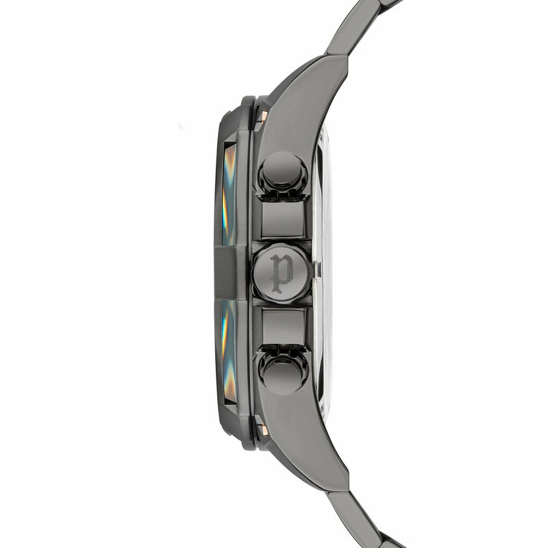 Side view of a sleek, metallic wristwatch with multiple buttons and a digital display.