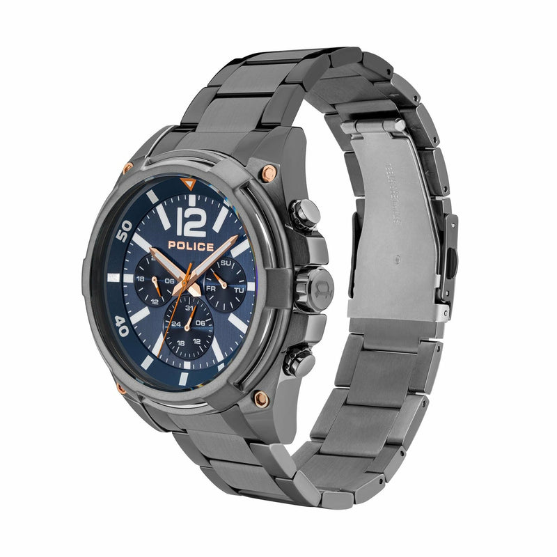 Police-branded chronograph wristwatch with a metallic gray bracelet and blue dial.