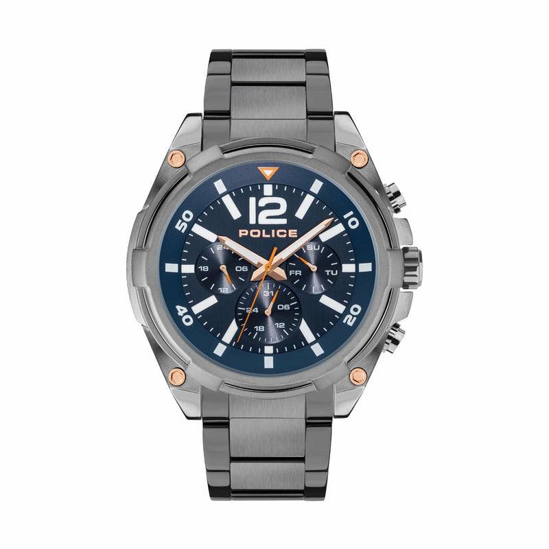 Stylish men’s chronograph wristwatch with a blue dial and gunmetal gray metal bracelet.