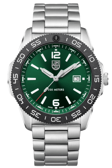 Stainless steel wristwatch with a green dial and black bezel.