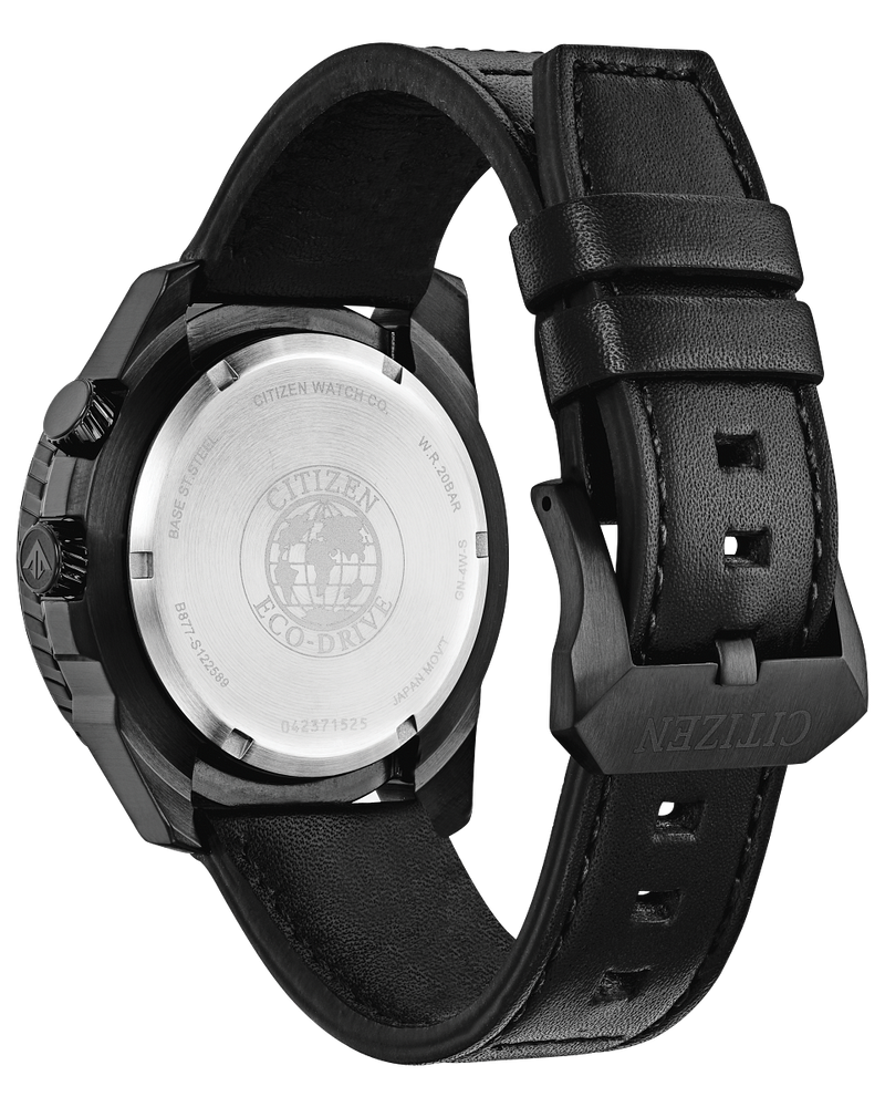 Wristwatch with a black leather strap and visible caseback.