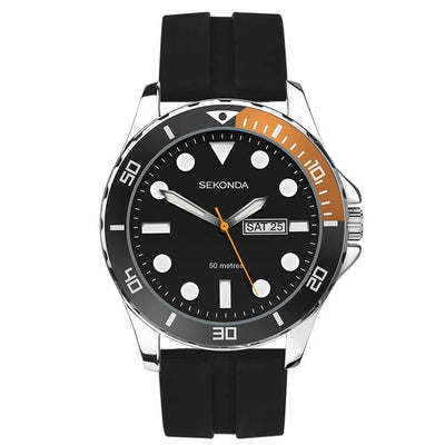 Wristwatch with a black dial, orange and black bezel, and black rubber strap.