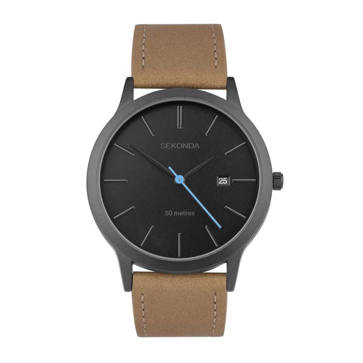 Sleek wristwatch with a black face, gray case, and tan leather strap.