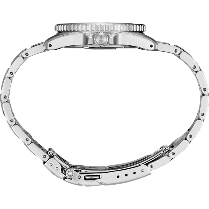 Silver wristwatch with a metal link bracelet and ridged bezel.