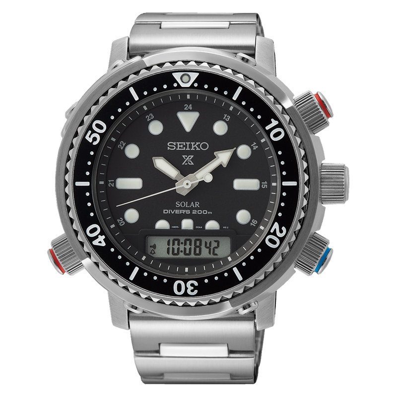 Seiko dive watch with analog and digital displays, featuring a black dial and stainless steel bracelet.