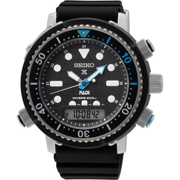 Seiko Prospex PADI dive watch with analog and digital displays on a black strap.