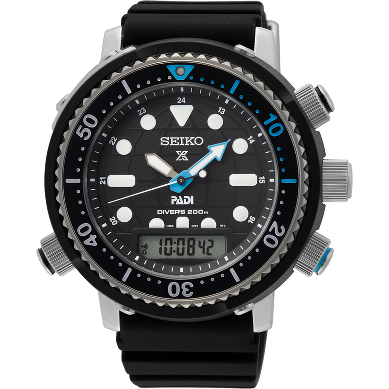 Seiko Prospex PADI dive watch with analog and digital displays on a black strap.