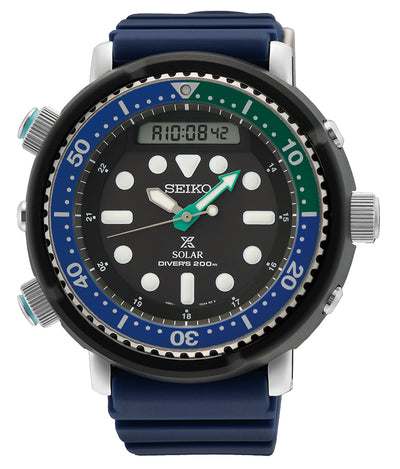 Seiko dive watch with a blue and green bezel and digital display.