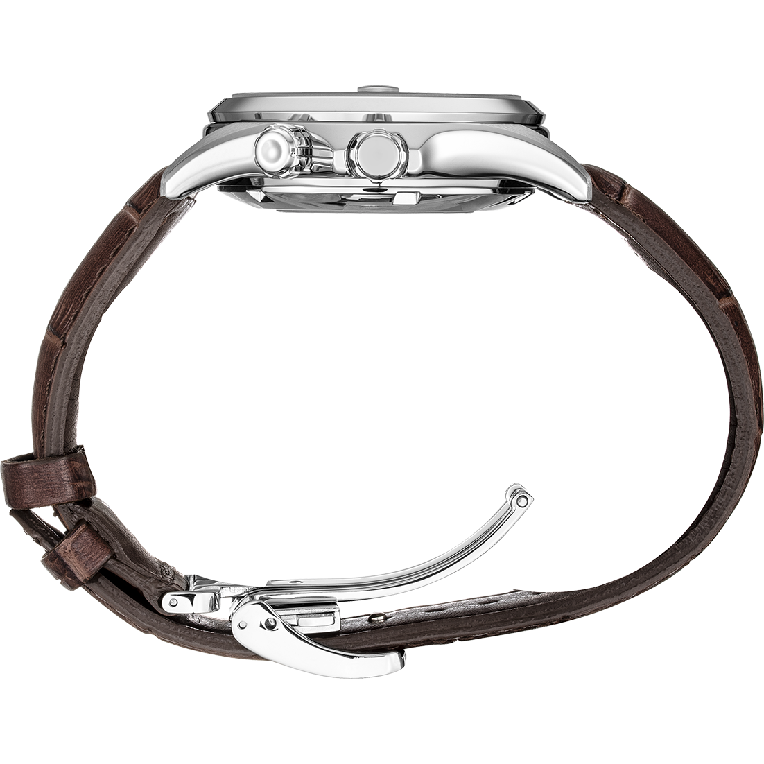 Wristwatch with a silver case and brown leather strap.