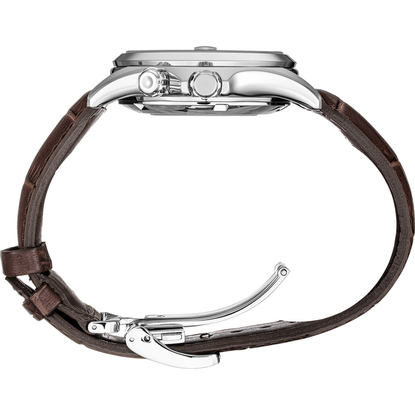 Wristwatch with a silver case and brown leather strap.